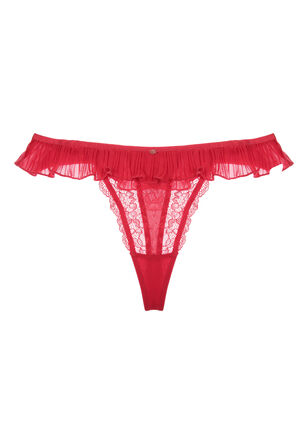 Womens Red Pleated Lace Thong