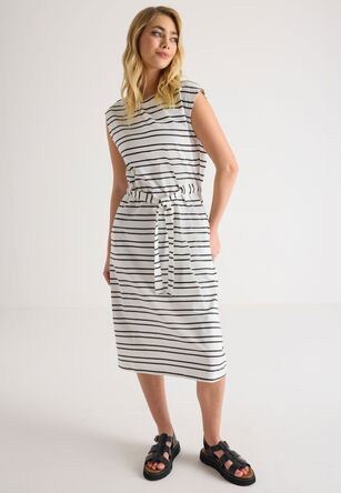 Womens Black & White Striped Belted Dress