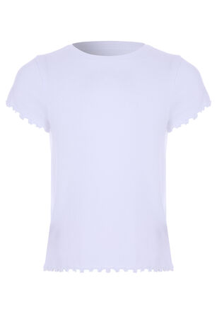 Younger Girls White Ribbed Frill Hem Top