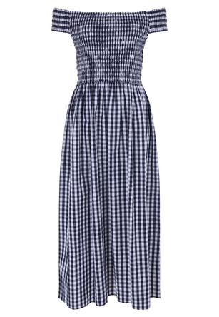 Womens Black & White Gingham Print Bardot Midi Dress