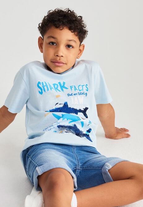 Younger Boy Light Blue Sparkle Shark T-Shirt