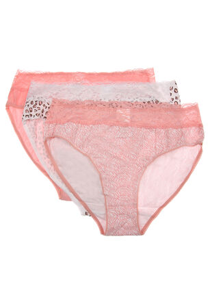 Womens 3pk Pink Animal Lace Trim High Leg Briefs