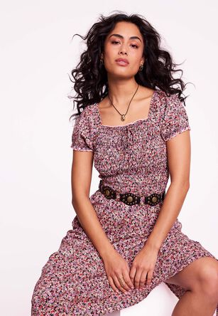 Womens Red Floral Milkmaid Shirred Tie Detail Midi Dress