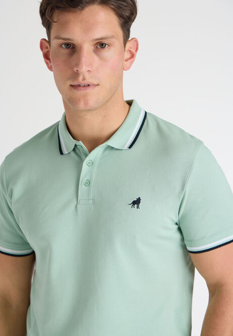 Mens Green Polo Shirt with Stripe Collar