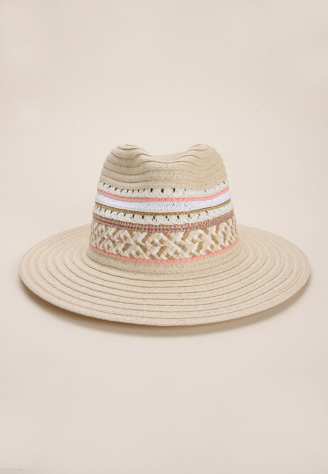 Womens Pink Stripe Straw Fedora Hat