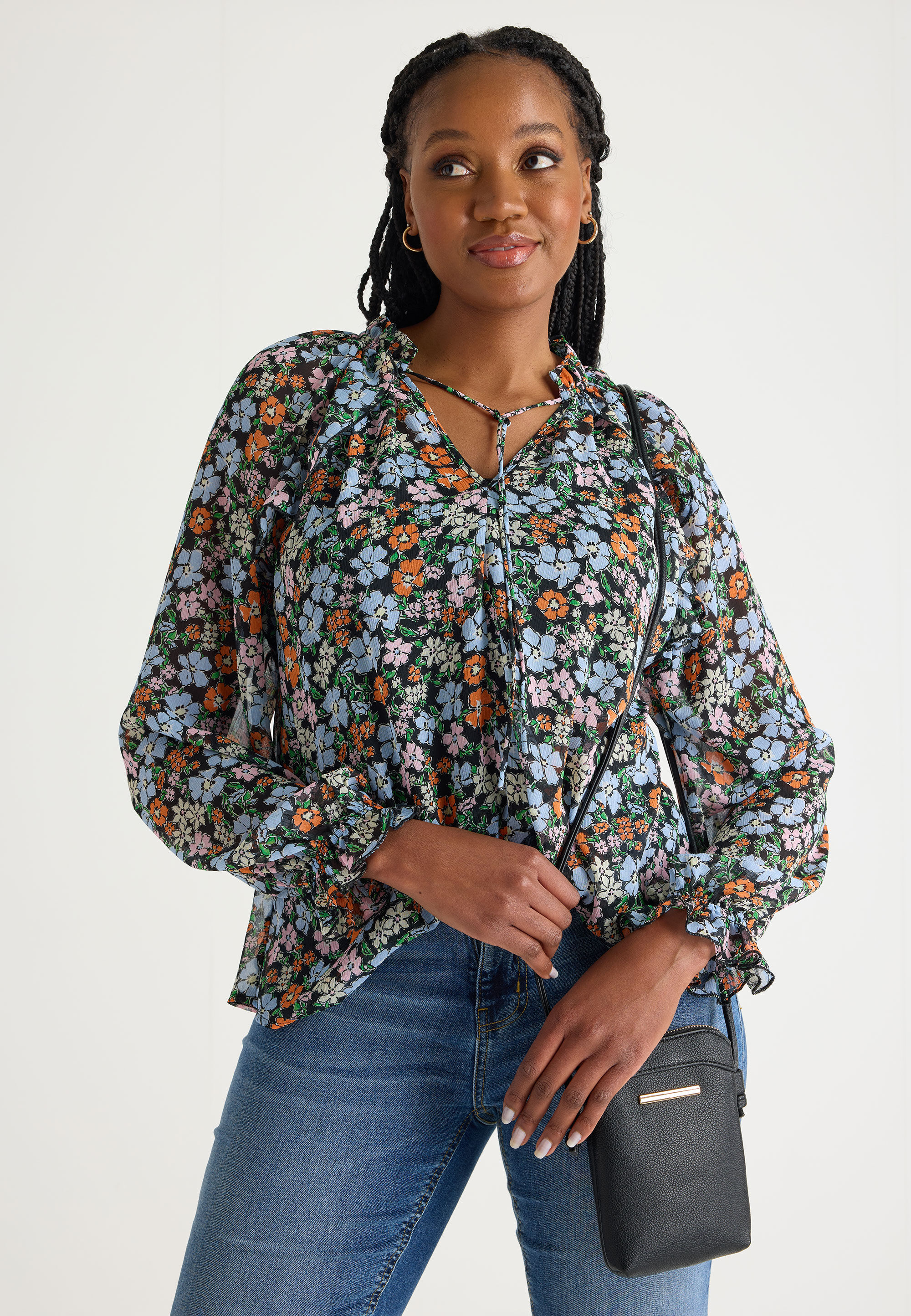 Womens Floral Ruffle Neck Blouse | Peacocks