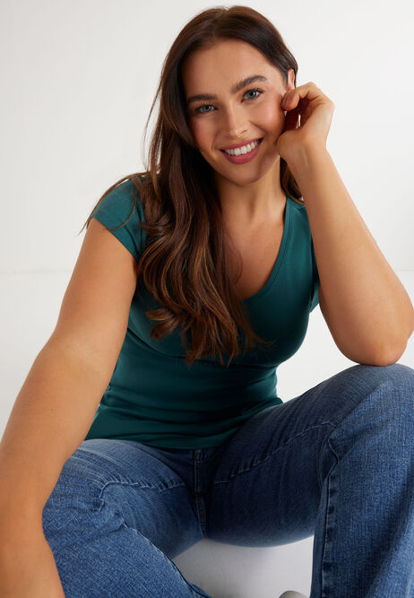 Womens Teal Pure Cotton V Neck T-shirt