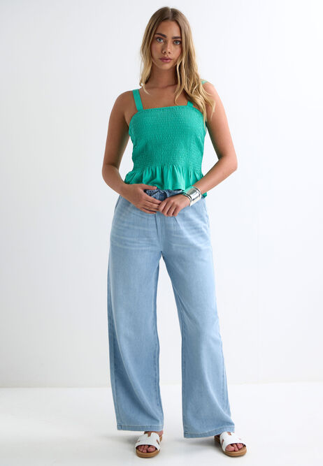Womens Green Shirred Peplum Cami Top