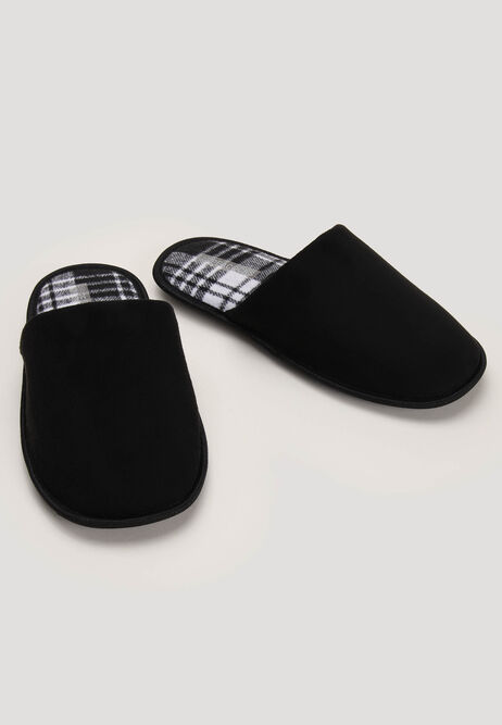 Mens Check Lined Black Mule Slippers