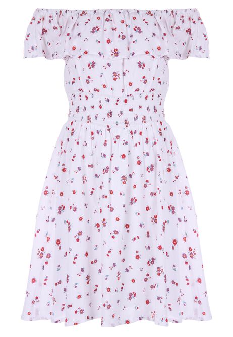 Older Girls White Floral Frill Off Shoulder Dress