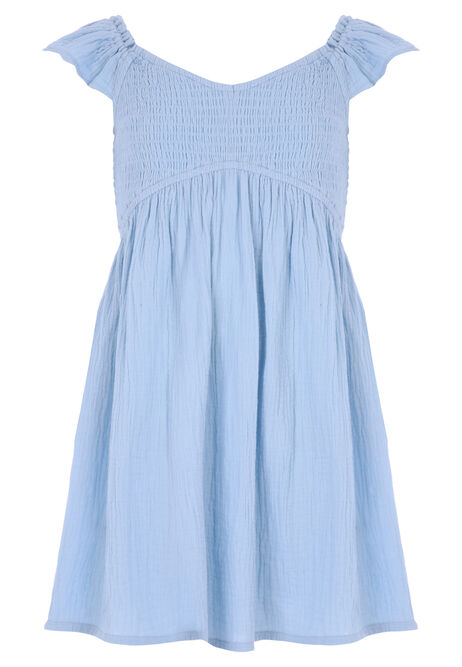 Older Girls Blue Floral Shirred Frill Sleeve Dress