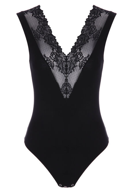 Womens Black Cotton & Lace Bodysuit