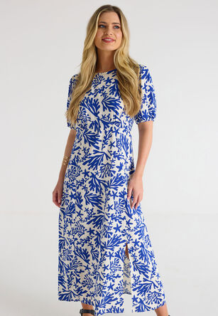 Womens Blue Leaf Print Midi Dress
