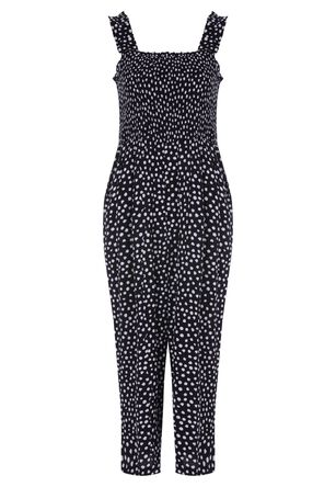 Womens Black & White Spot Print Shirred Jumpsuit