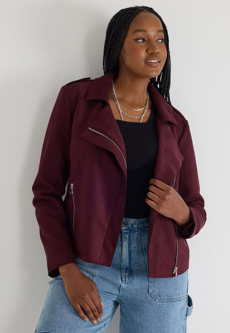 Womens Burgundy Suedette Biker Jacket