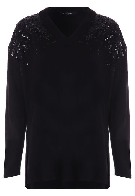 Womens Black Sequin V Neck Tunic Jumper