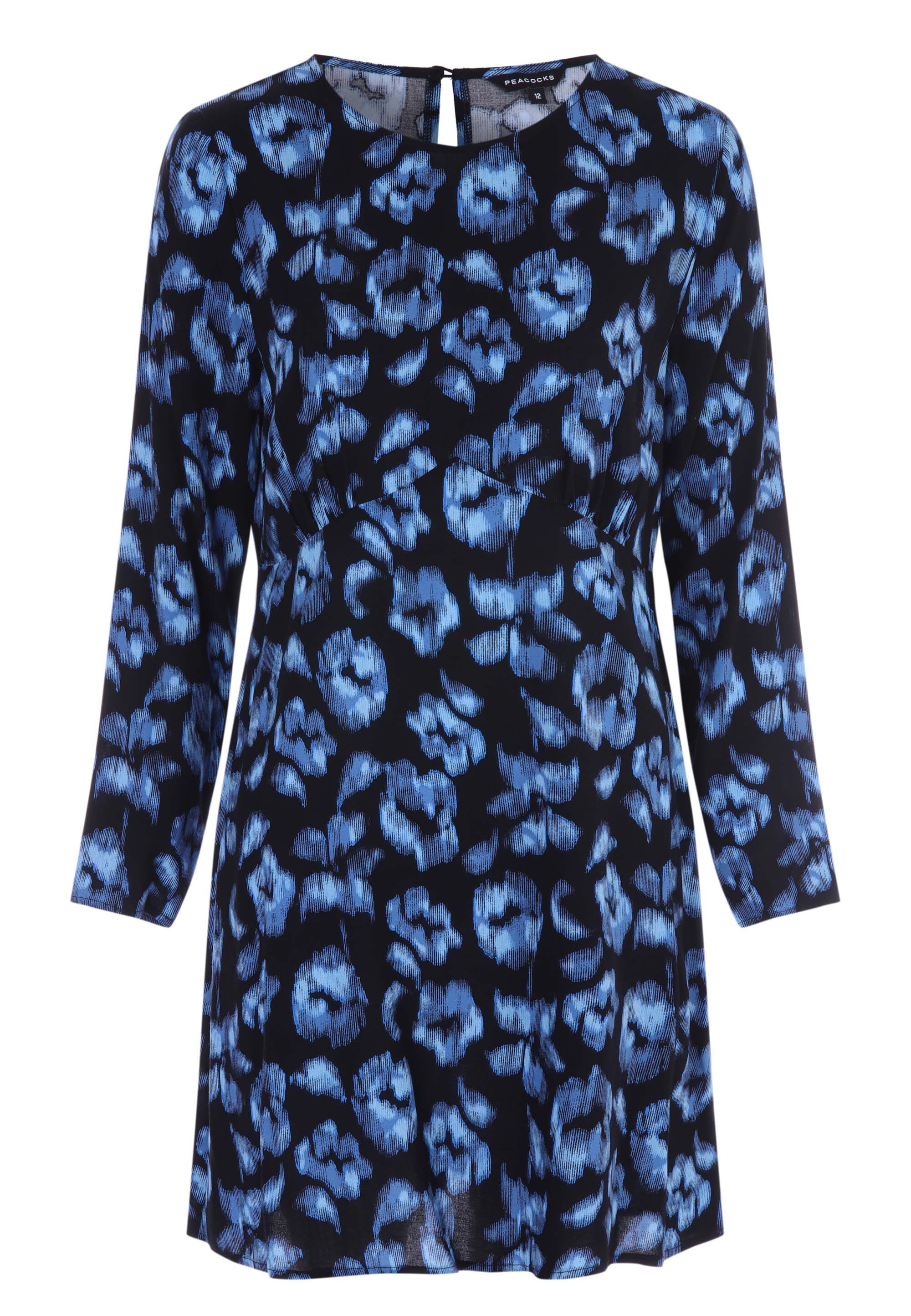 Womens Black & Blue Floral Print Long Sleeve Dress