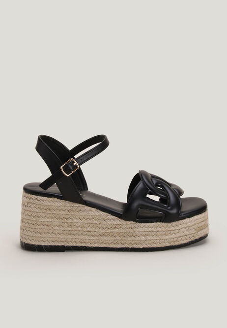 Womens Black Geo Strap Wedge Espadrille Sandals