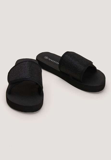 Womens Black Glitter Velcro Sandal Slider