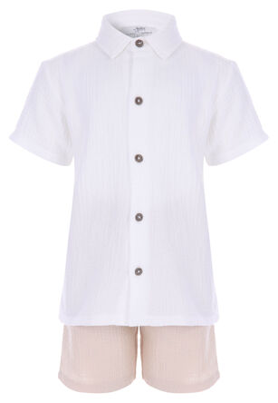 Younger Boys White Cotton Cheesecloth Shirt and Short Set