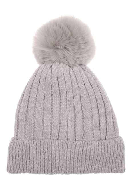 Womens Grey Thinsulate Chenille Bobble Hat
