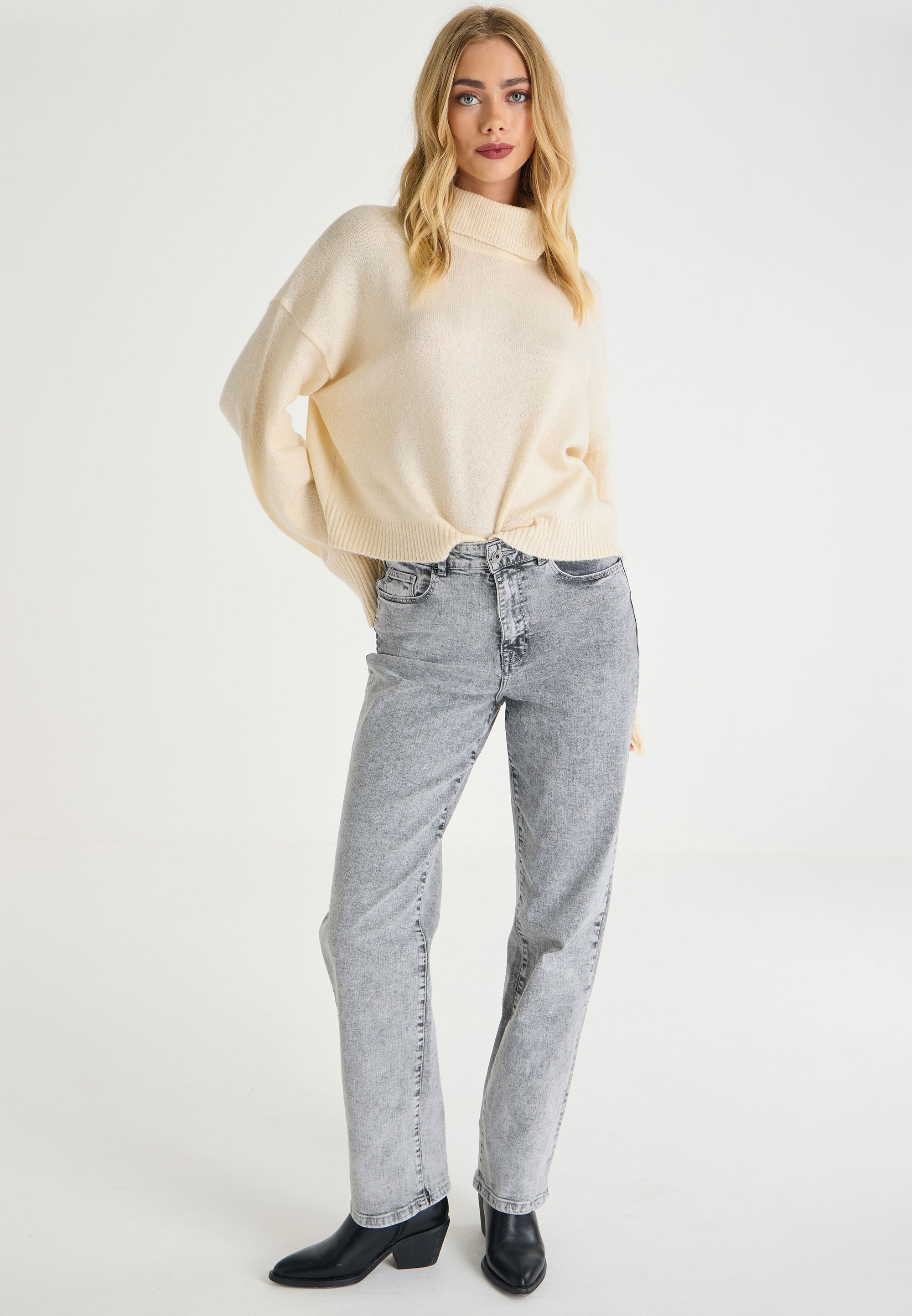 Womens Oatmeal Roll Neck Knitted Jumper Peacocks