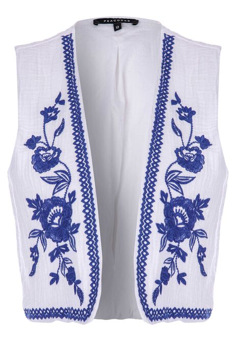 Womens Blue & White Embroidered Waistcoat