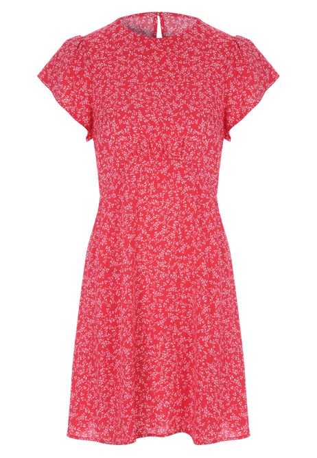 Womens Red Ditsy Short Sleeve Mini Tea Dress