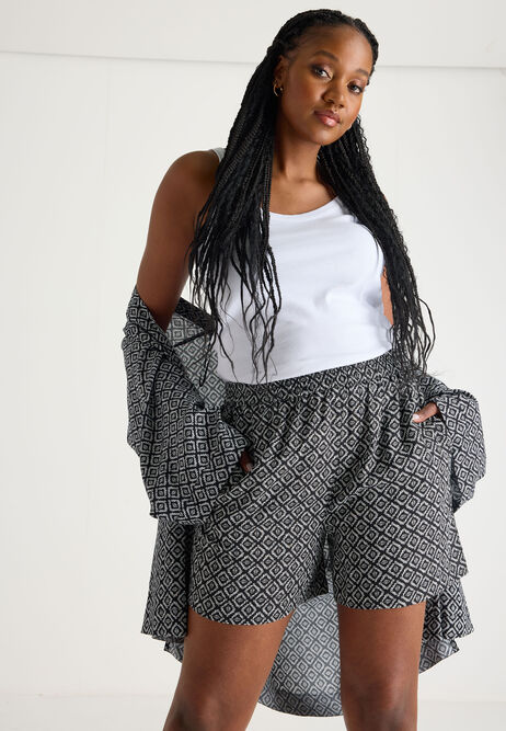 Womens Black & White Geo Print Shorts