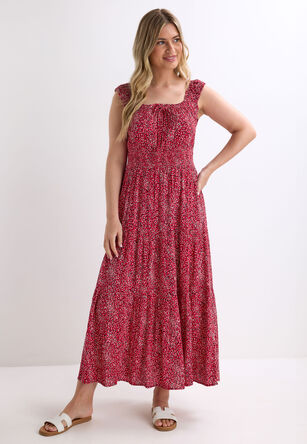 Womens Red Spot Milkmaid Shirred Waist Midi Dress