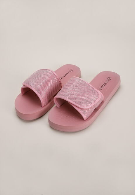 Womens Pink Glitter Velcro Sandal Slider