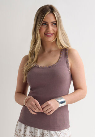 Womens Brown Ribbed Stud Detail Vest Top