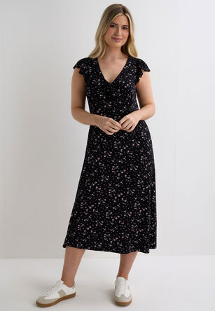 Womens Black Floral Frill Sleeve Midi Dress