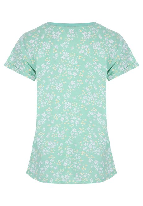 Womens Green Floral Print Roll Sleeve T-Shirt