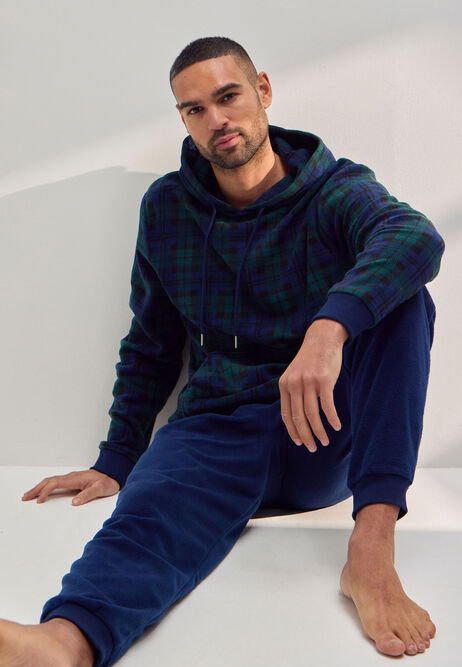 Mens Navy Check Fleece Pyjama Set