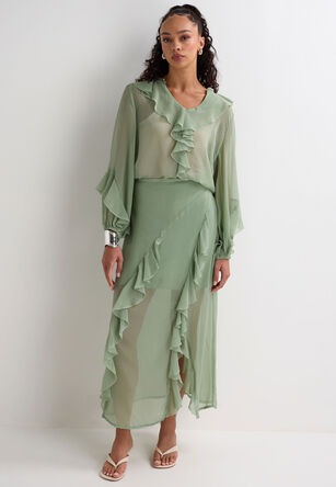 Womens Green Ruffle Sheer Midi Skirt 