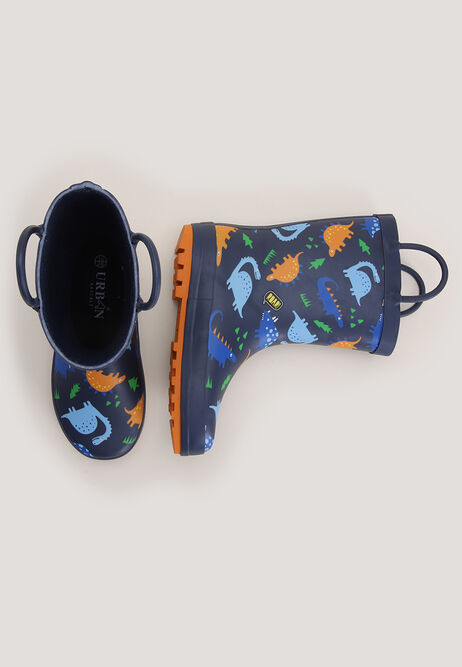 Boys Blue & Orange Dinosaur Wellies