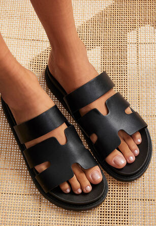 Womens Black Cut Out Strap Footbed Sandals
