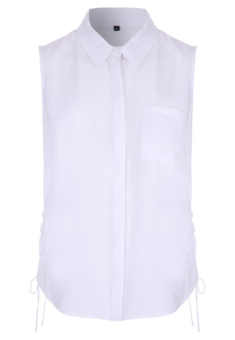 Womens White Ruched Side Sleeveless Shirt