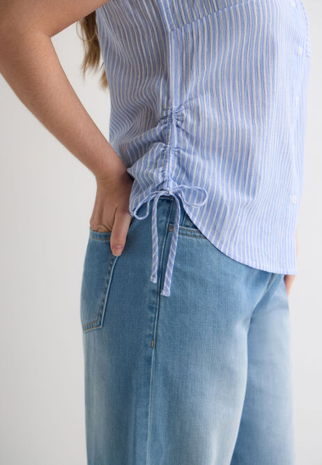 Womens Blue Stripe Crinkle Ruched Side Shirt