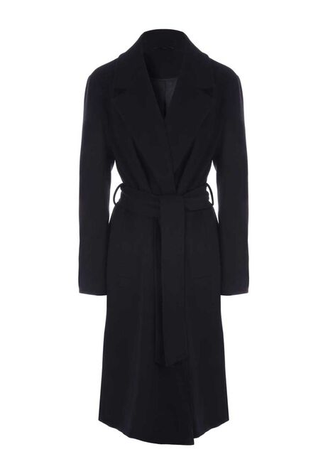 Womens Black Longline Belted Wrap Coat