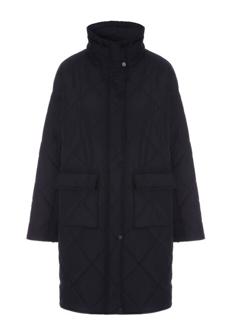 Womens Black Longline Quilted Funnel Neck Coat
