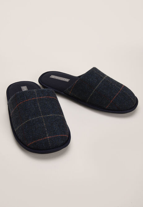 Mens Navy Check Mule Slippers