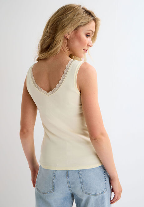 Womens Buttermilk Yellow Ribbed Lace Trim Vest Top