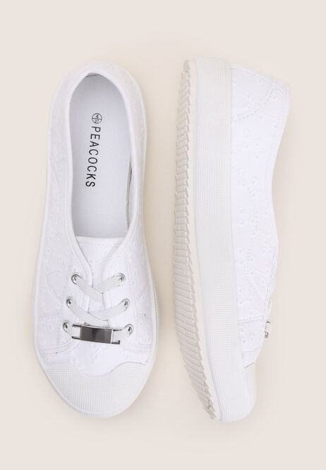 Womens White Embroidery Lace Up Trainers