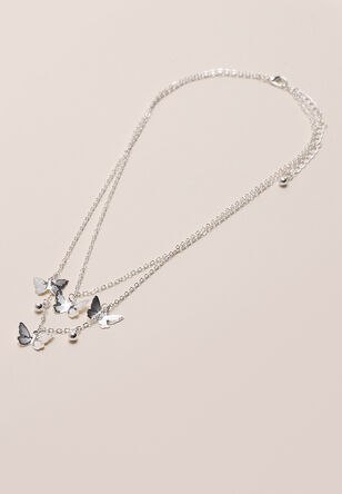 Womens Silver Butterfly Double Necklace 