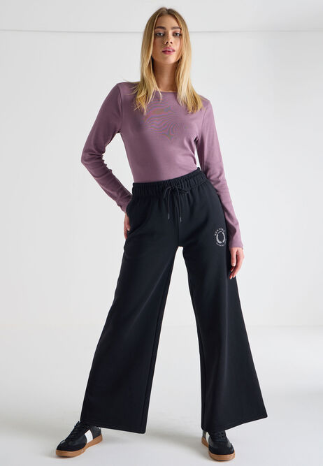 Womens Black Wide Leg Graphic Joggers