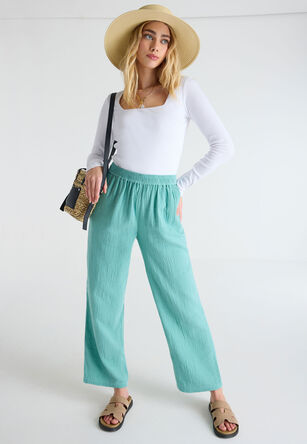 Womens Green Cotton Pull On Wide Leg Trousers