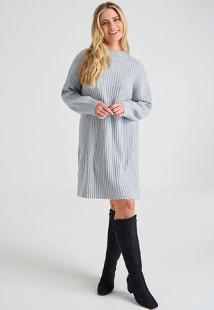 Womens Grey Ribbed Jumper Dress