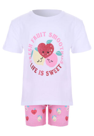 Younger Girls White Fruit T-Shirt & Pink Cycle Short Set